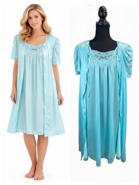 Vintage 80s Lorraine Blue Lace Nightgown Robe Set Nylon Cottagecore Large